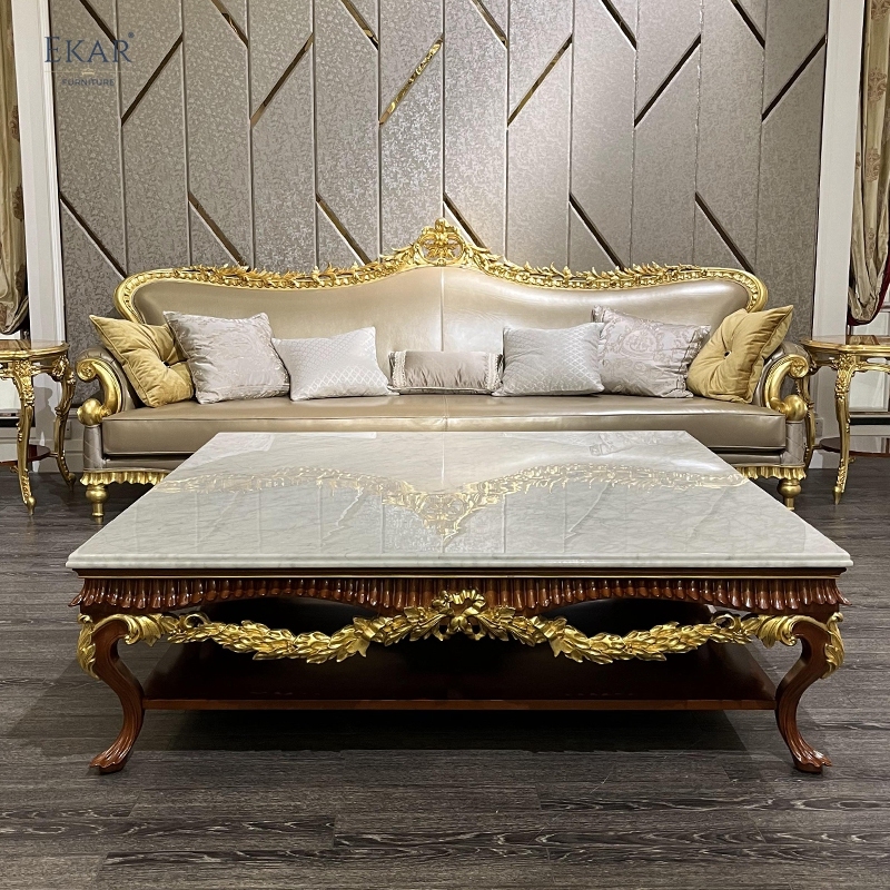 French Classic Leather Sofa with Carved Wood Frame, Antique Gold Finish,EKAR FURNITURE CO.,LTD,French Classic Leather Sofa with Carved Wood Frame, Antique Gold Finish,foshan furniture factory,custom Furniture factory,china furniture factory