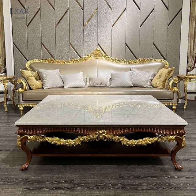 French Classic Leather Sofa with Carved Wood Frame, Antique Gold Finish,EKAR FURNITURE CO.,LTD,French Classic Leather Sofa with Carved Wood Frame, Antique Gold Finish,foshan furniture factory,custom Furniture factory,china furniture factory