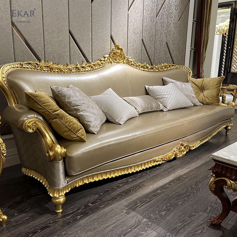 French Classic Leather Sofa with Carved Wood Frame, Antique Gold Finish,EKAR FURNITURE CO.,LTD,French Classic Leather Sofa with Carved Wood Frame, Antique Gold Finish,foshan furniture factory,custom Furniture factory,china furniture factory