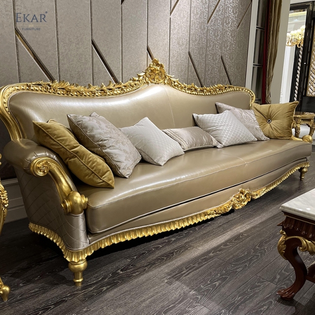 French Classic Leather Sofa with Carved Wood Frame, Antique Gold Finish,EKAR FURNITURE CO.,LTD,French Classic Leather Sofa with Carved Wood Frame, Antique Gold Finish,foshan furniture factory,custom Furniture factory,china furniture factory