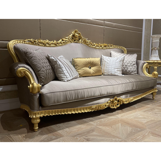 French Classic Leather Sofa with Carved Wood Frame, Antique Gold Finish,EKAR FURNITURE CO.,LTD,French Classic Leather Sofa with Carved Wood Frame, Antique Gold Finish,foshan furniture factory,custom Furniture factory,china furniture factory