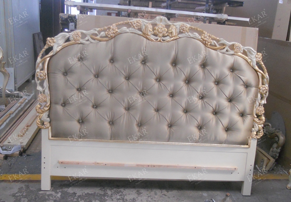 Classic French-Style Wooden Bed with Hand-Carved Frame and Fabric Headboard,EKAR FURNITURE CO.,LTD,Classic French-Style Wooden Bed with Hand-Carved Frame and Fabric Headboard,foshan furniture factory,custom Furniture factory,china furniture factory