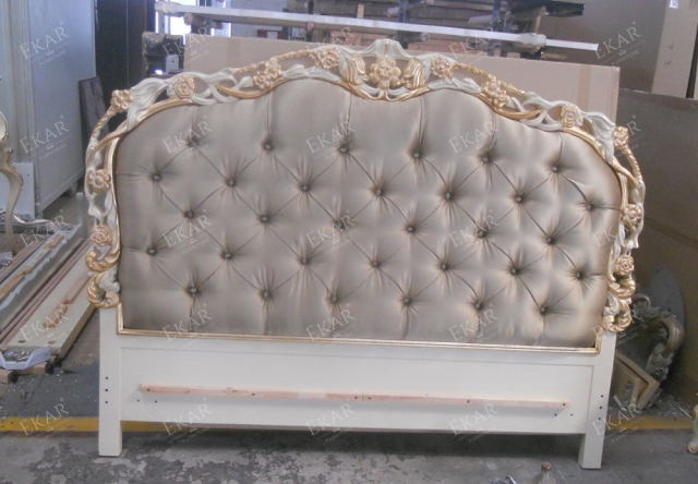 ,MY SHOP,Classic French-Style Wooden Bed with Hand-Carved Frame and Fabric Headboard,foshan furniture factory,custom Furniture factory,china furniture factory