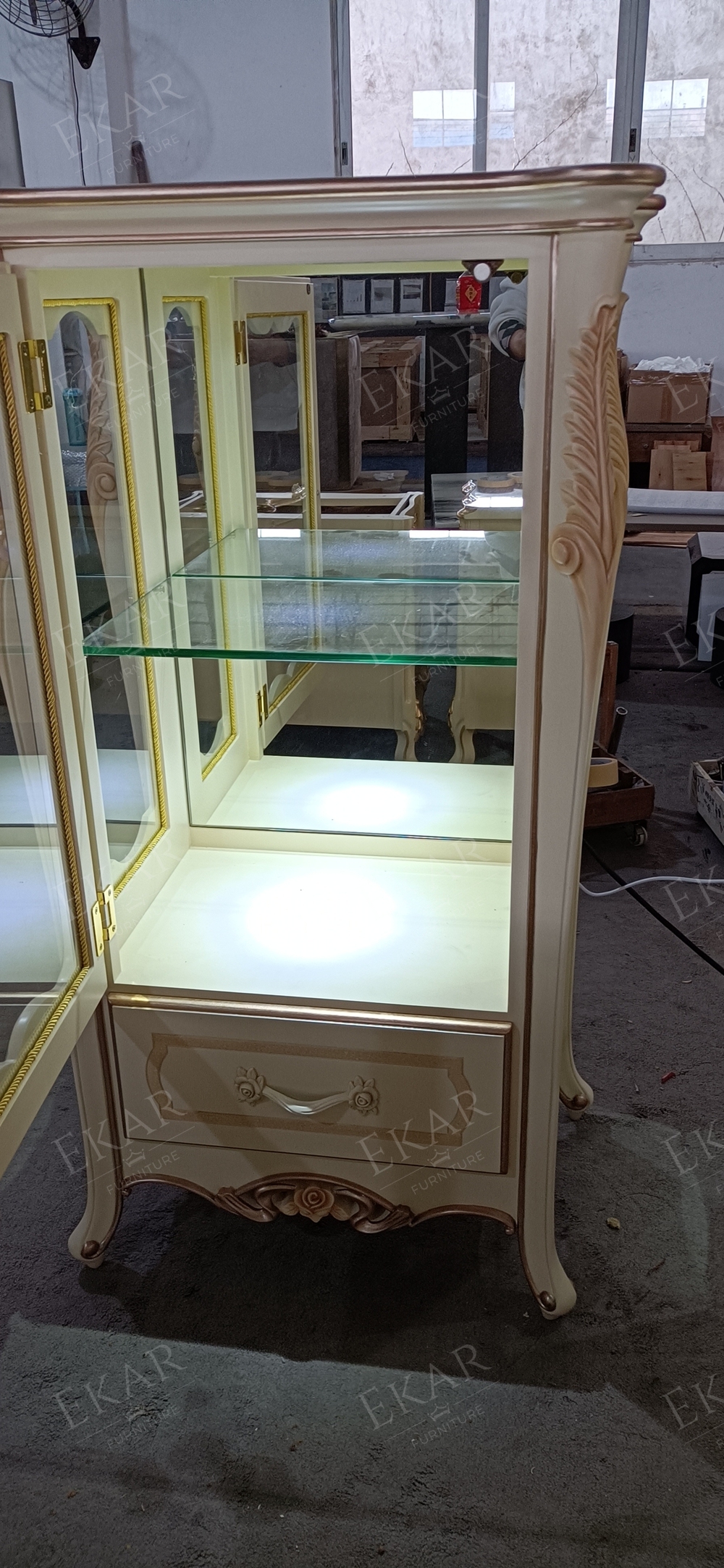 The Latest Luxury Style White and Golden Big Glass Cabinet/Curio Cabinet/Display Cabinet,EKAR FURNITURE CO.,LTD,,foshan furniture factory,custom Furniture factory,china furniture factory