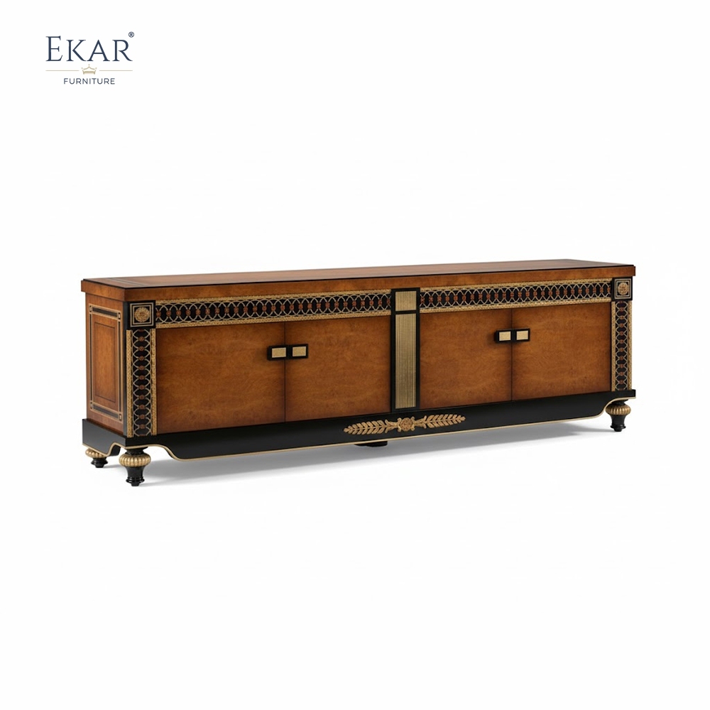 EKAR Wellington Imperial burl wood TV stand with gilded trim,EKAR FURNITURE CO.,LTD,EKAR Wellington Imperial burl wood TV stand with gilded trim AI-50380 | Ekar Furniture,foshan furniture factory,custom Furniture factory,china furniture factory