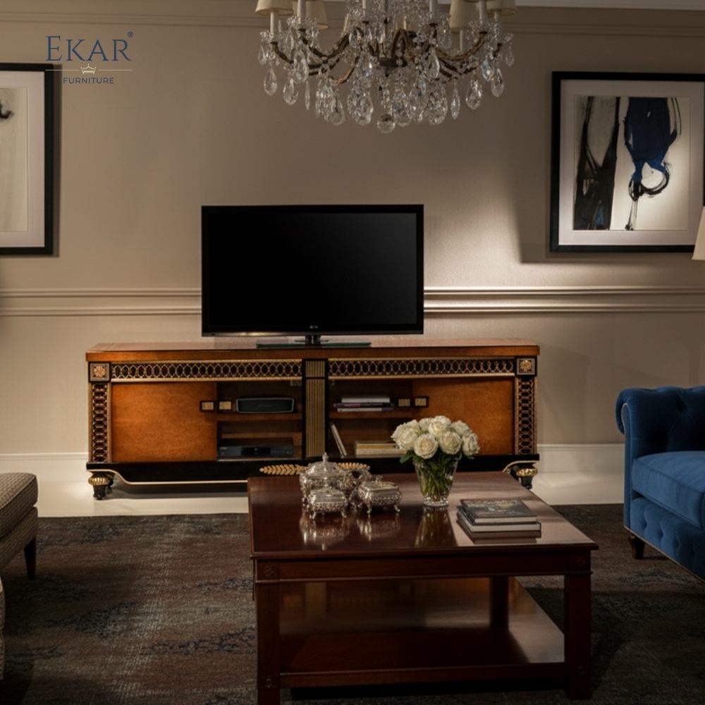 EKAR Wellington Imperial burl wood TV stand with gilded trim,EKAR FURNITURE CO.,LTD,EKAR Wellington Imperial burl wood TV stand with gilded trim AI-50380 | Ekar Furniture,foshan furniture factory,custom Furniture factory,china furniture factory