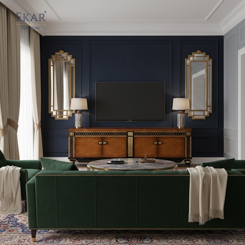 EKAR Wellington Imperial burl wood TV stand with gilded trim,EKAR FURNITURE CO.,LTD,EKAR Wellington Imperial burl wood TV stand with gilded trim AI-50380 | Ekar Furniture,foshan furniture factory,custom Furniture factory,china furniture factory