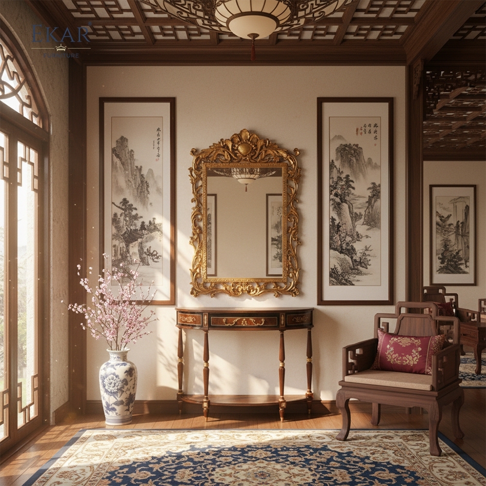 EKAR Regency Demilune Console Table with Burl Wood Marquetry and Gilded Accents,MY SHOP,EKAR Regency Demilune Console Table with Burl Wood Marquetry and Gilded Accents,foshan furniture factory,custom Furniture factory,china furniture factory