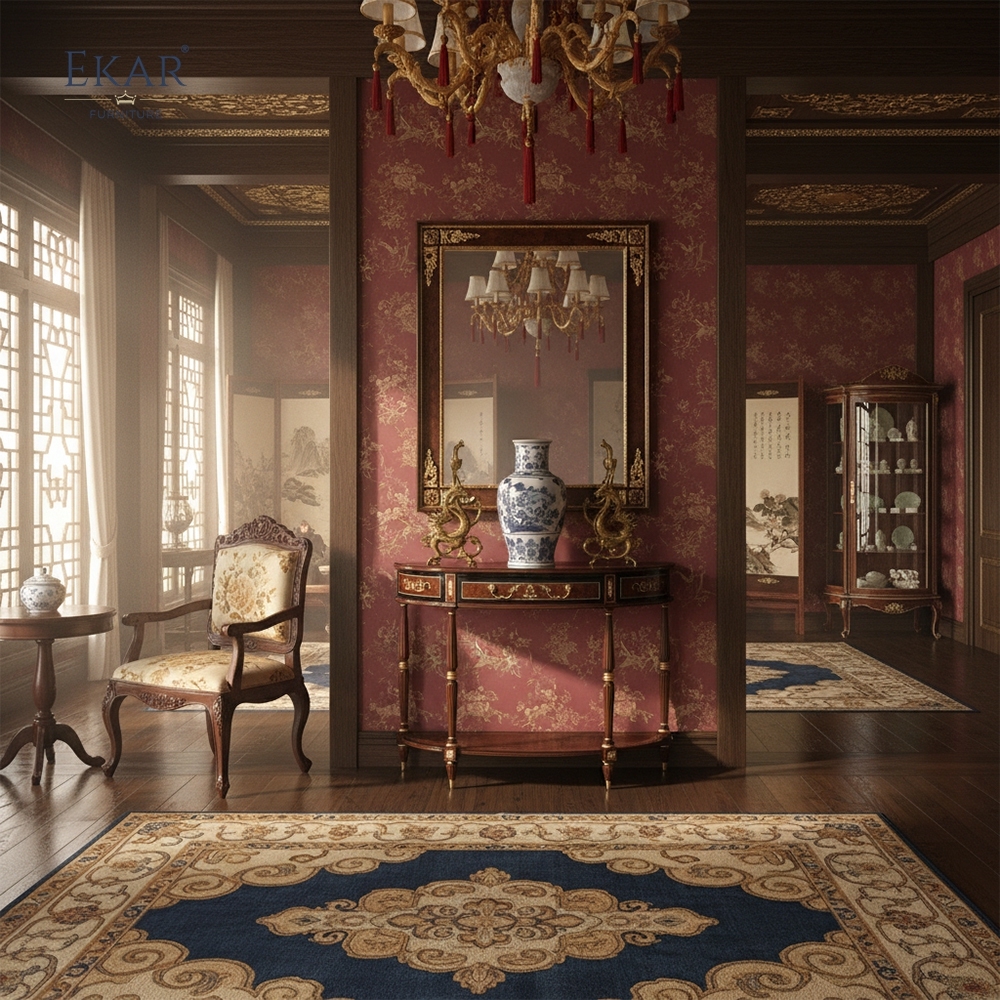 EKAR Regency Demilune Console Table with Burl Wood Marquetry and Gilded Accents,MY SHOP,EKAR Regency Demilune Console Table with Burl Wood Marquetry and Gilded Accents,foshan furniture factory,custom Furniture factory,china furniture factory