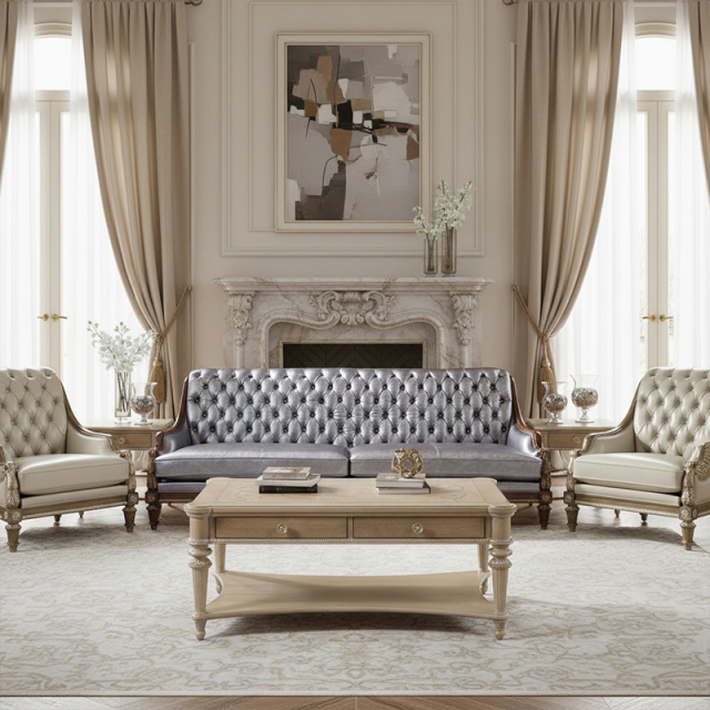 EKAR Sterling Estate Button-Tufted Silver Leather Sofa with Hand-Carved Wood Frame,MY SHOP,EKAR Sterling Estate Button-Tufted Silver Leather Sofa with Hand-Carved Wood Frame,foshan furniture factory,custom Furniture factory,china furniture factory