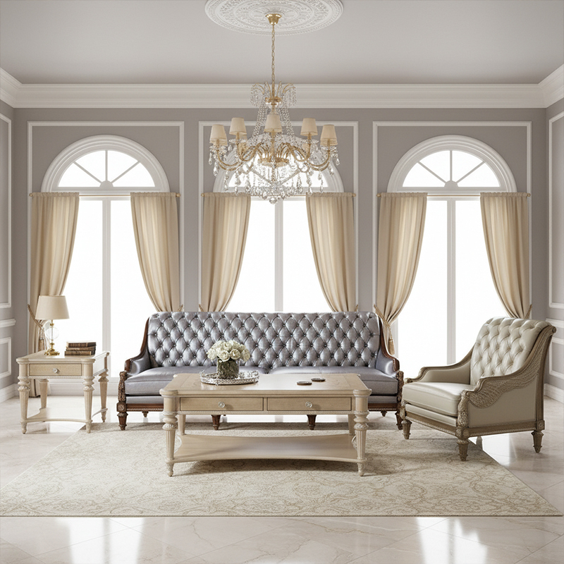 EKAR Sterling Estate Button-Tufted Silver Leather Sofa with Hand-Carved Wood Frame,EKAR FURNITURE CO.,LTD,EKAR Sterling Estate Button-Tufted Silver Leather Sofa with Hand-Carved Wood Frame,foshan furniture factory,custom Furniture factory,china furniture factory