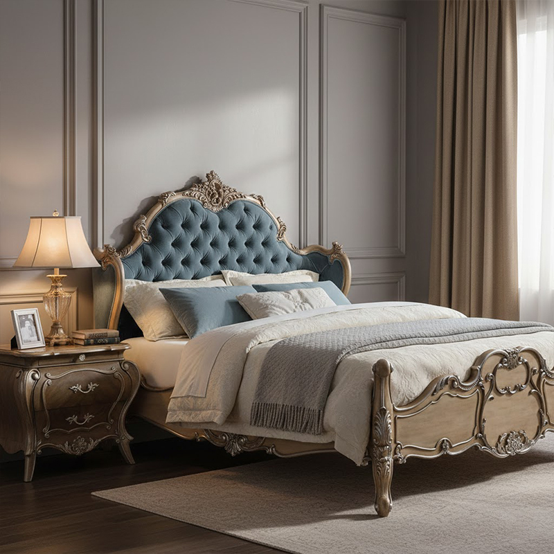 EKAR Genevieve Rococo Estate Bed with Powder Blue Tufted Headboard,EKAR FURNITURE CO.,LTD,EKAR Genevieve Rococo Estate Bed with Powder Blue Tufted Headboard,foshan furniture factory,custom Furniture factory,china furniture factory