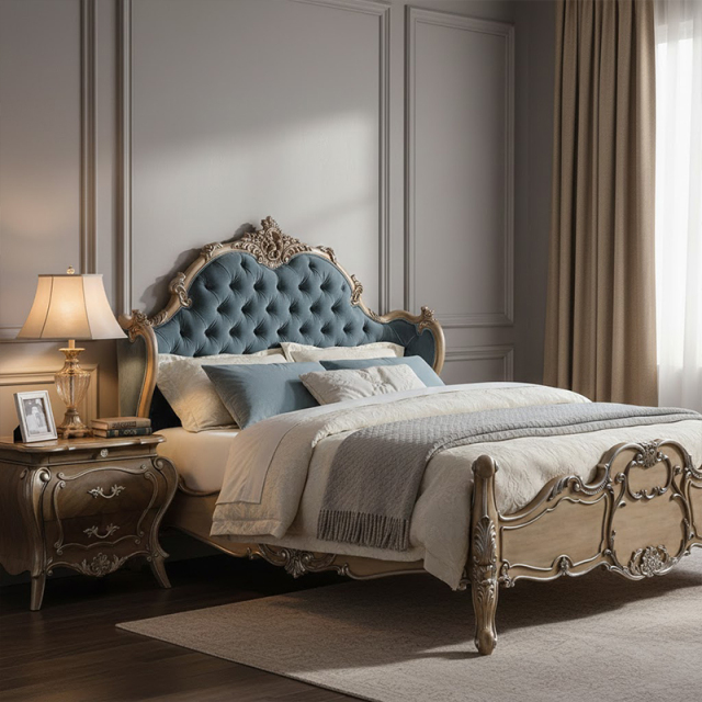 EKAR Genevieve Rococo Estate Bed with Powder Blue Tufted Headboard,MY SHOP,EKAR Genevieve Rococo Estate Bed with Powder Blue Tufted Headboard,foshan furniture factory,custom Furniture factory,china furniture factory