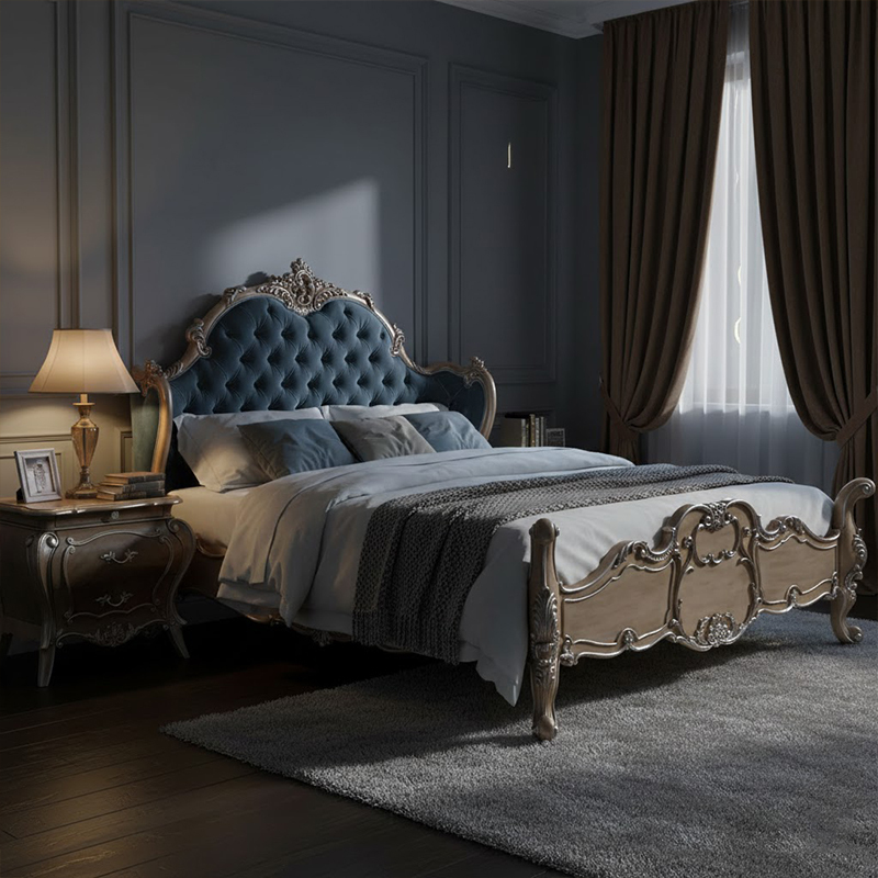 EKAR Genevieve Rococo Estate Bed with Powder Blue Tufted Headboard,EKAR FURNITURE CO.,LTD,EKAR Genevieve Rococo Estate Bed with Powder Blue Tufted Headboard,foshan furniture factory,custom Furniture factory,china furniture factory