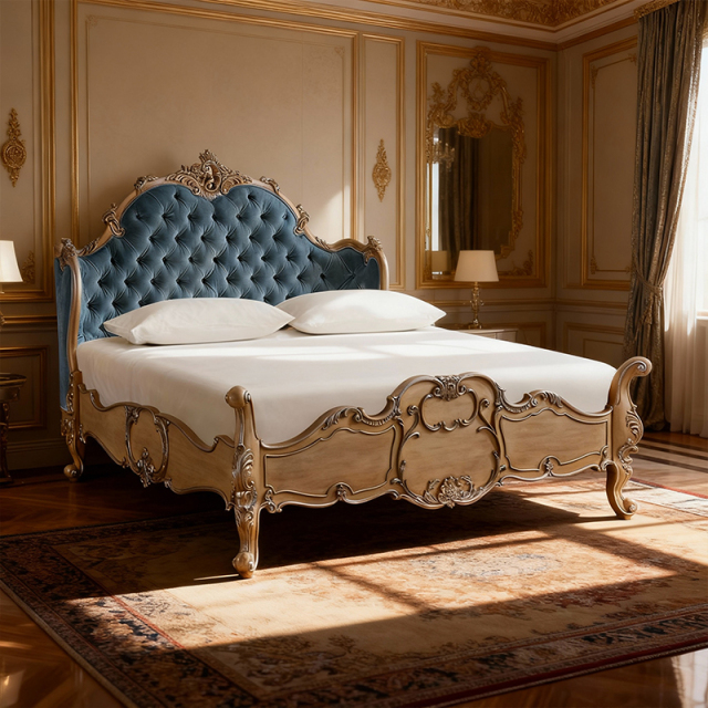 EKAR Genevieve Rococo Estate Bed with Powder Blue Tufted Headboard,MY SHOP,EKAR Genevieve Rococo Estate Bed with Powder Blue Tufted Headboard,foshan furniture factory,custom Furniture factory,china furniture factory