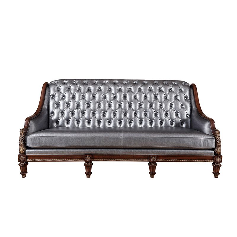 EKAR Sterling Estate Button-Tufted Silver Leather Sofa with Hand-Carved Wood Frame,EKAR FURNITURE CO.,LTD,EKAR Sterling Estate Button-Tufted Silver Leather Sofa with Hand-Carved Wood Frame,foshan furniture factory,custom Furniture factory,china furniture factory