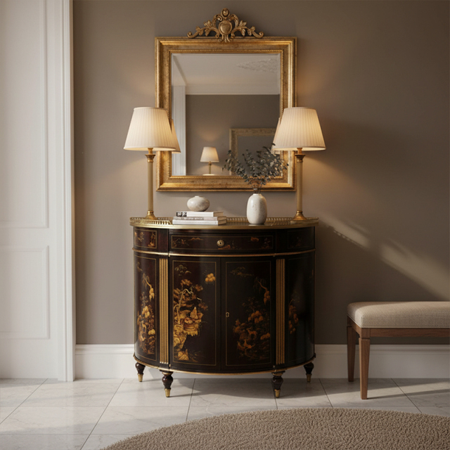 EKAR Dynasty Heritage Luxury Entryway Cabinet | Hand-Painted Chinoiserie Demilune Console |,MY SHOP,EKAR Dynasty Heritage Luxury Entryway Cabinet | Hand-Painted Chinoiserie Demilune Console |,foshan furniture factory,custom Furniture factory,china furniture factory