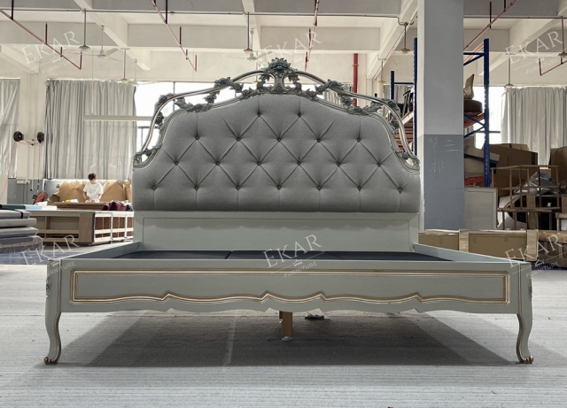 ,MY SHOP,Grey Upholstered Headboard King Frame Handcarved Bed  - Ekar Furniture,foshan furniture factory,custom Furniture factory,china furniture factory