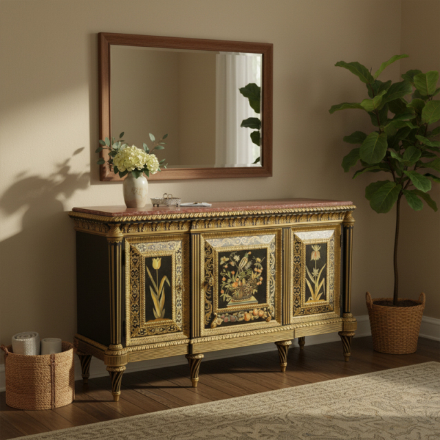 Botanical Grandeur Hand-Painted Gilded Console | Luxury American ClassicalEntryway Cabinet by EKAR FURNITUR,EKAR FURNITURE CO.,LTD,Botanical Grandeur Hand-Painted Gilded Console | Luxury American ClassicalEntryway Cabinet by EKAR FURNITUR,foshan furniture factory,custom Furniture factory,china furniture factory
