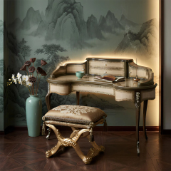 Versailles Throne Vanity Stool | French Classical Gold Upholstered Bench | EKAR Furniture,EKAR FURNITURE CO.,LTD,Versailles Throne Vanity Stool | French Classical Gold Upholstered Bench | EKAR Furniture,foshan furniture factory,custom Furniture factory,china furniture factory
