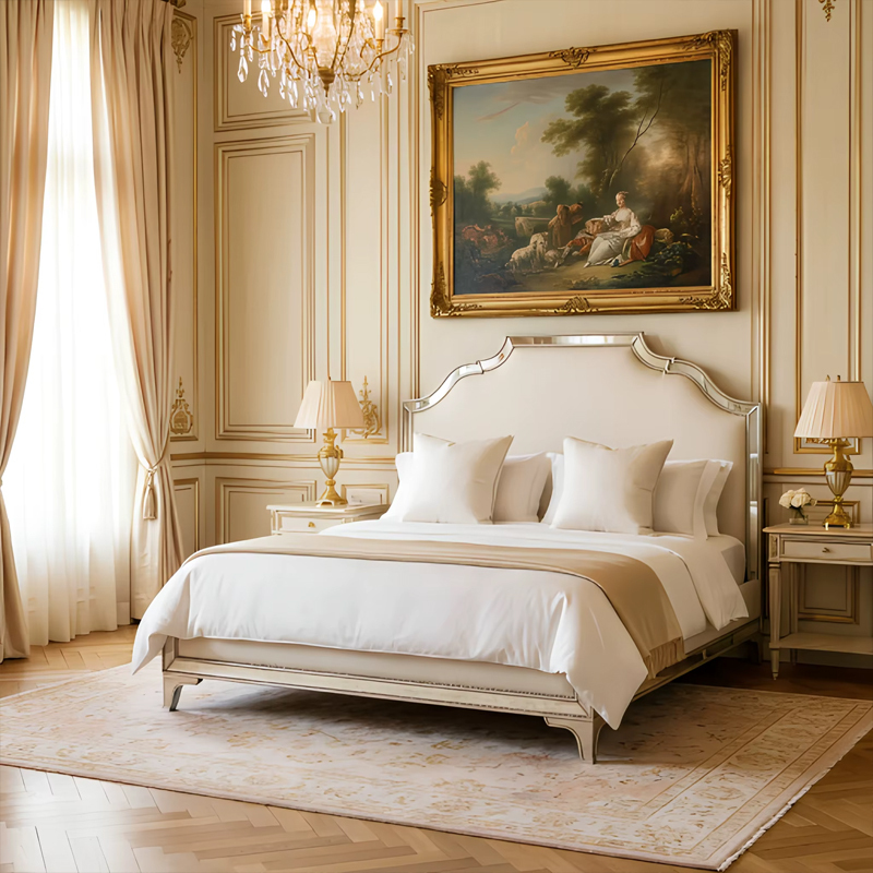 Lumiere Mirrored Panel Bed | French Neoclassical Upholstered Silver Trim Luxury Bedroom Bed|EKAR Furnitue,EKAR FURNITURE CO.,LTD,Lumiere Mirrored Panel Bed | French Neoclassical Upholstered Silver Trim Luxury Bedroom Bed|EKAR Furnitue,foshan furniture factory,custom Furniture factory,china furniture factory