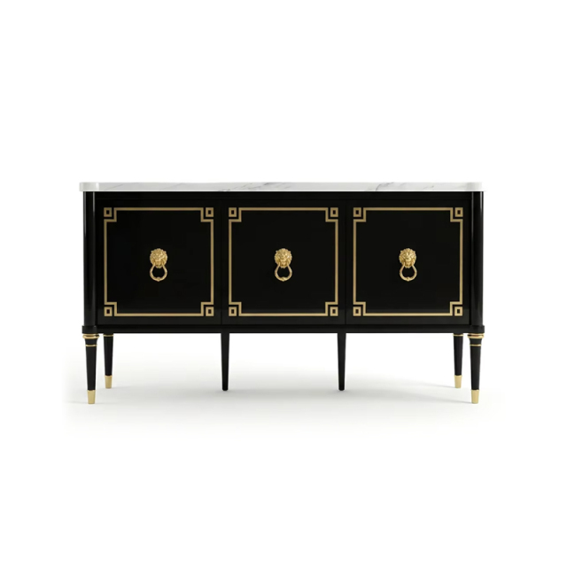 Noir Leon Marble-Top Sideboard | French Empire Black Lacquer Gold Lion Ring Living Room Cabinet |,EKAR FURNITURE CO.,LTD,Noir Leon Marble-Top Sideboard | French Empire Black Lacquer Gold Lion Ring Living Room Cabinet |,foshan furniture factory,custom Furniture factory,china furniture factory