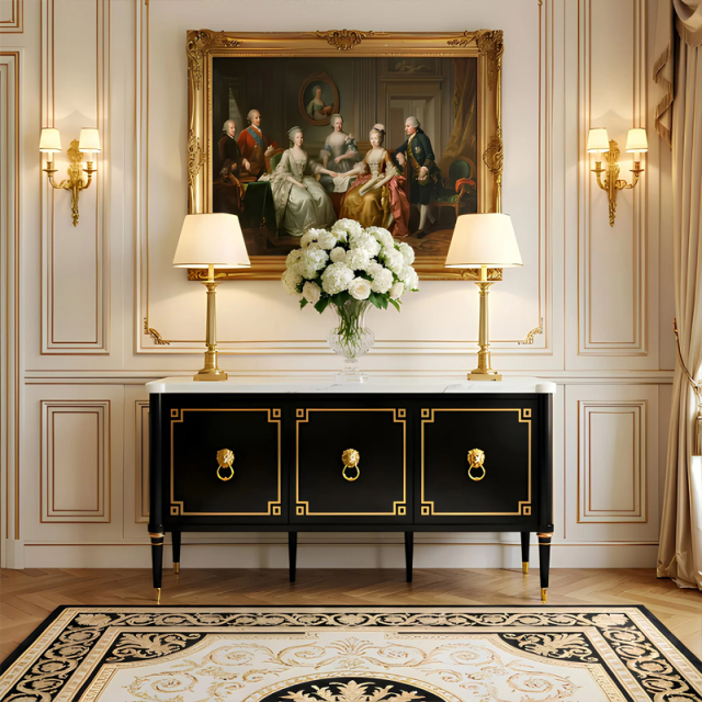 Noir Leon Marble-Top Sideboard | French Empire Black Lacquer Gold Lion Ring Living Room Cabinet |,EKAR FURNITURE CO.,LTD,Noir Leon Marble-Top Sideboard | French Empire Black Lacquer Gold Lion Ring Living Room Cabinet |,foshan furniture factory,custom Furniture factory,china furniture factory