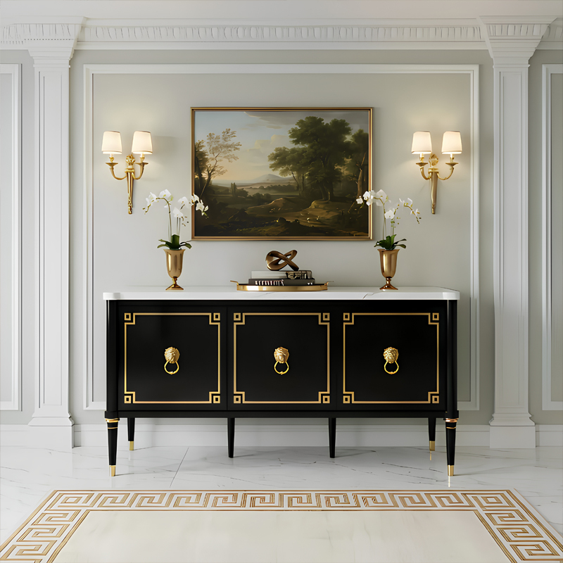 Noir Leon Marble-Top Sideboard | French Empire Black Lacquer Gold Lion Ring Living Room Cabinet |,EKAR FURNITURE CO.,LTD,Noir Leon Marble-Top Sideboard | French Empire Black Lacquer Gold Lion Ring Living Room Cabinet |,foshan furniture factory,custom Furniture factory,china furniture factory