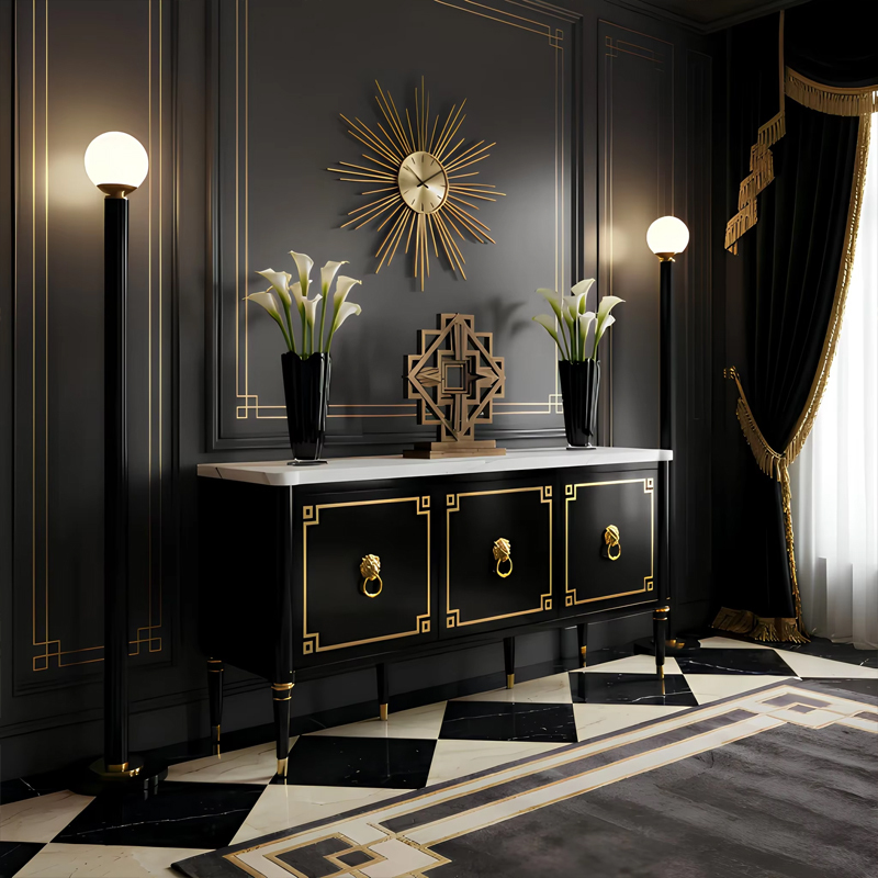 Noir Leon Marble-Top Sideboard | French Empire Black Lacquer Gold Lion Ring Living Room Cabinet |,EKAR FURNITURE CO.,LTD,Noir Leon Marble-Top Sideboard | French Empire Black Lacquer Gold Lion Ring Living Room Cabinet |,foshan furniture factory,custom Furniture factory,china furniture factory