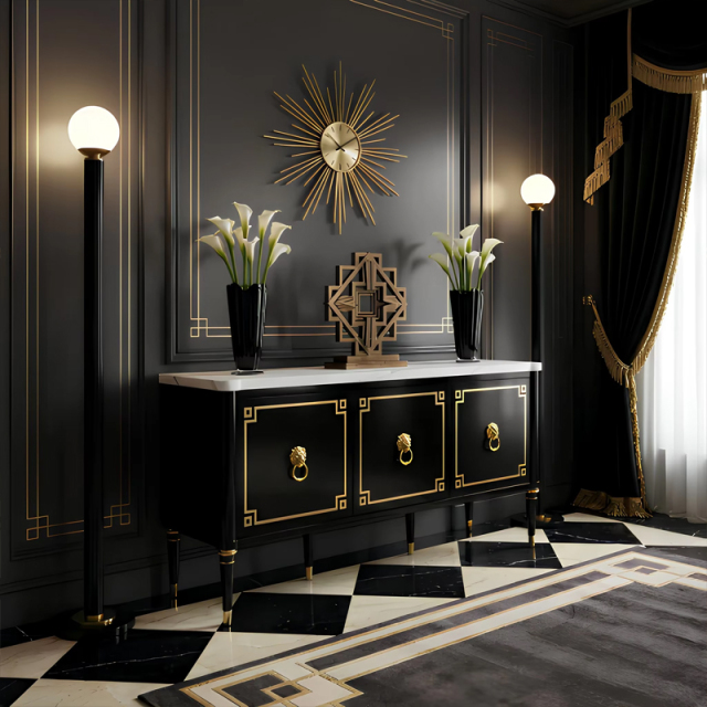 Noir Leon Marble-Top Sideboard | French Empire Black Lacquer Gold Lion Ring Living Room Cabinet |,EKAR FURNITURE CO.,LTD,Noir Leon Marble-Top Sideboard | French Empire Black Lacquer Gold Lion Ring Living Room Cabinet |,foshan furniture factory,custom Furniture factory,china furniture factory