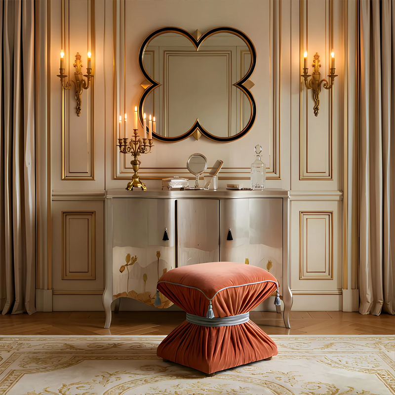 Boheme Cinched Silk Vanity Stool | French Classical Fully Upholstered Tassel Bedroom Pouf | EKAR Furniture,EKAR FURNITURE CO.,LTD,Boheme Cinched Silk Vanity Stool | French Classical Fully Upholstered Tassel Bedroom Pouf | EKAR Furniture,foshan furniture factory,custom Furniture factory,china furniture factory