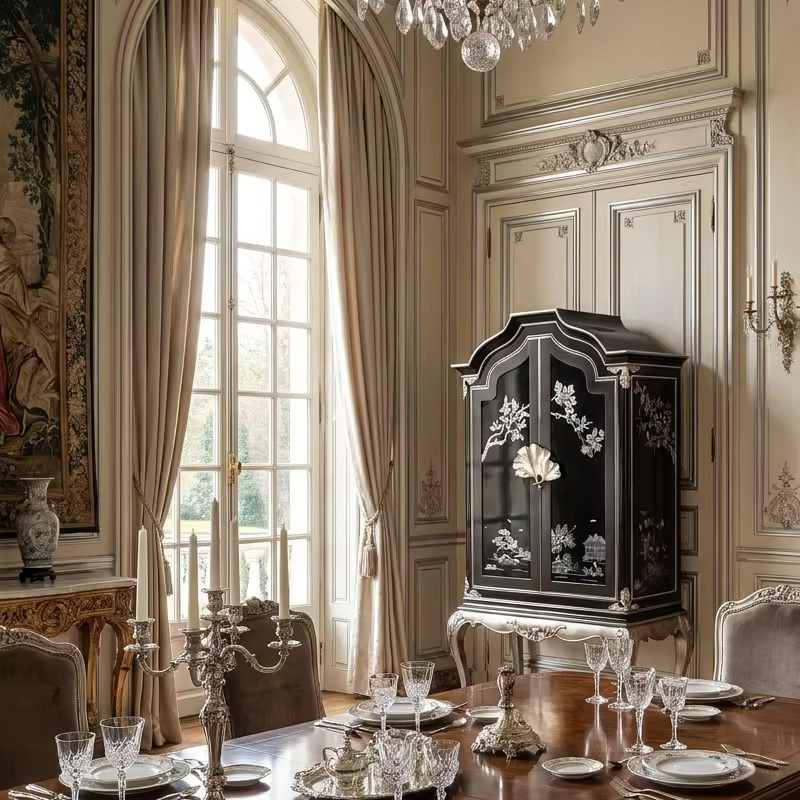 Imperial Argento Chinoiserie Black Lacquer Cabinet | Luxury French Classical Silver-Leaf Vitrine - EKAR,MY SHOP,Imperial Argento Chinoiserie Black Lacquer Cabinet | Luxury French Classical Silver-Leaf Vitrine - EKAR,foshan furniture factory,custom Furniture factory,china furniture factory