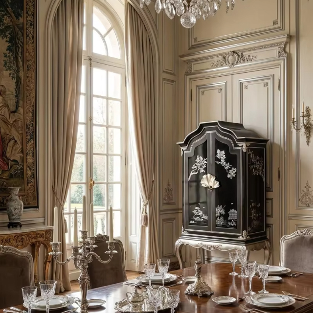 Imperial Argento Chinoiserie Black Lacquer Cabinet | Luxury French Classical Silver-Leaf Vitrine - EKAR,MY SHOP,Imperial Argento Chinoiserie Black Lacquer Cabinet | Luxury French Classical Silver-Leaf Vitrine - EKAR,foshan furniture factory,custom Furniture factory,china furniture factory
