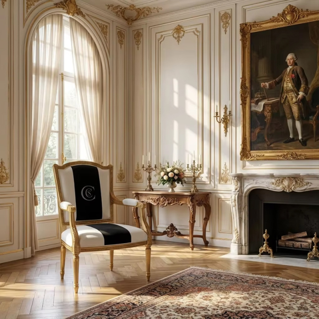 Monogrammed Sovereign French Classical Armchair | Luxury Gilded Black &amp; White Accent Chair - EKAR,EKAR FURNITURE CO.,LTD,Monogrammed Sovereign French Classical Armchair | Luxury Gilded Black &amp; White Accent Chair - EKAR,foshan furniture factory,custom Furniture factory,china furniture factory