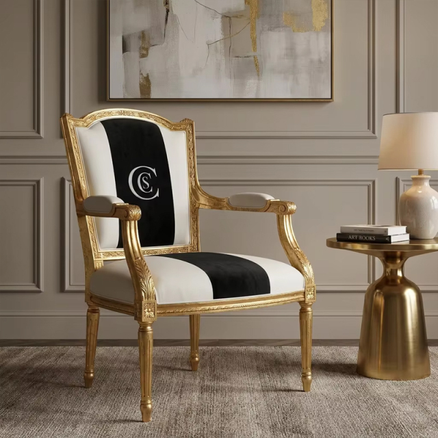 Monogrammed Sovereign French Classical Armchair | Luxury Gilded Black &amp; White Accent Chair - EKAR,EKAR FURNITURE CO.,LTD,Monogrammed Sovereign French Classical Armchair | Luxury Gilded Black &amp; White Accent Chair - EKAR,foshan furniture factory,custom Furniture factory,china furniture factory