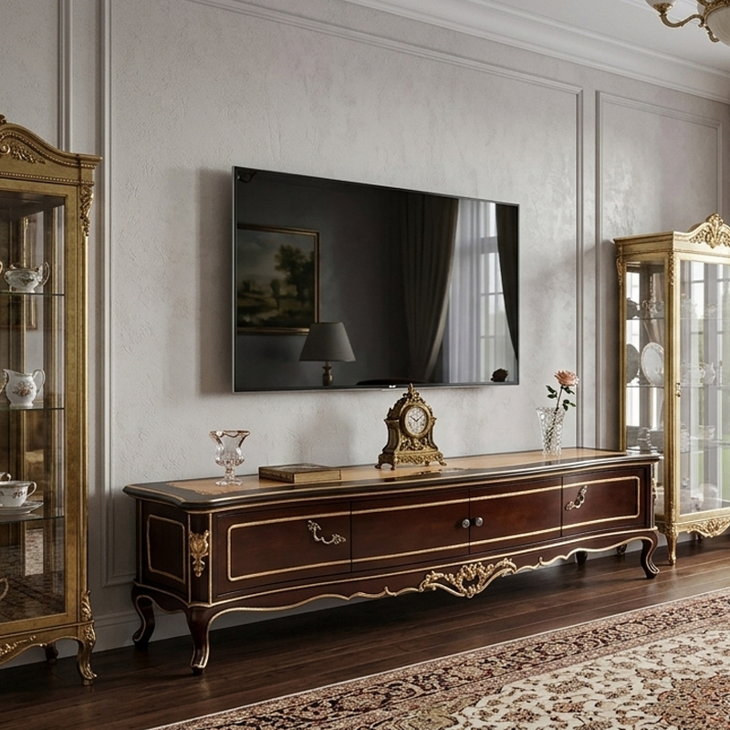 EKAR Classic French Marquetry Low TV Stand with Carved Legs,EKAR FURNITURE CO.,LTD,EKAR Classic French Marquetry Low TV Stand with Carved Legs,foshan furniture factory,custom Furniture factory,china furniture factory