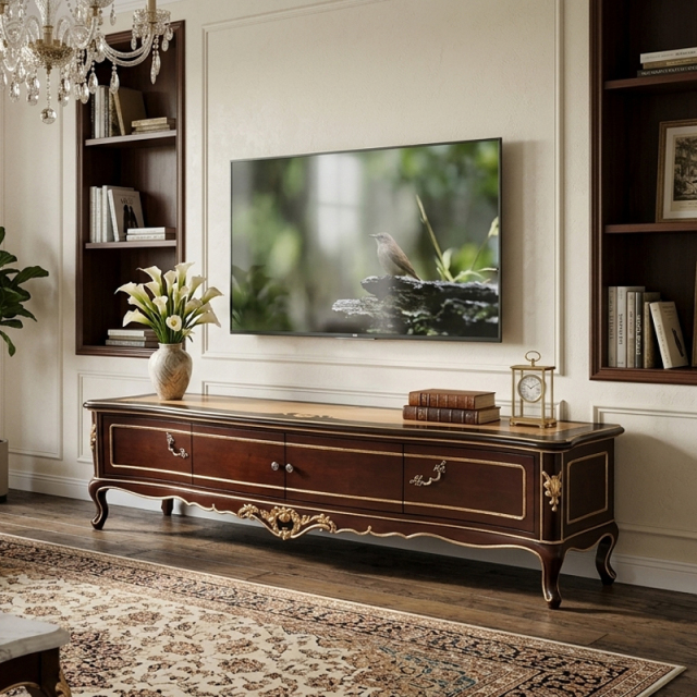 EKAR Classic French Marquetry Low TV Stand with Carved Legs,EKAR FURNITURE CO.,LTD,EKAR Classic French Marquetry Low TV Stand with Carved Legs,foshan furniture factory,custom Furniture factory,china furniture factory