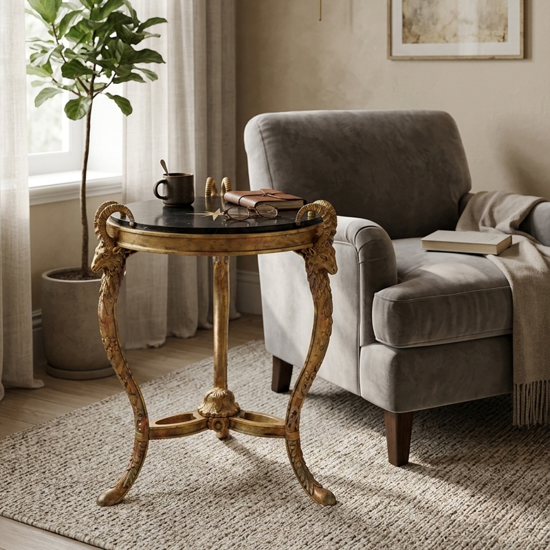 EKAR Neoclassical Round Gilded Side Table with Ram Head Accents,EKAR FURNITURE CO.,LTD,EKAR Neoclassical Round Gilded Side Table with Ram Head Accents,foshan furniture factory,custom Furniture factory,china furniture factory