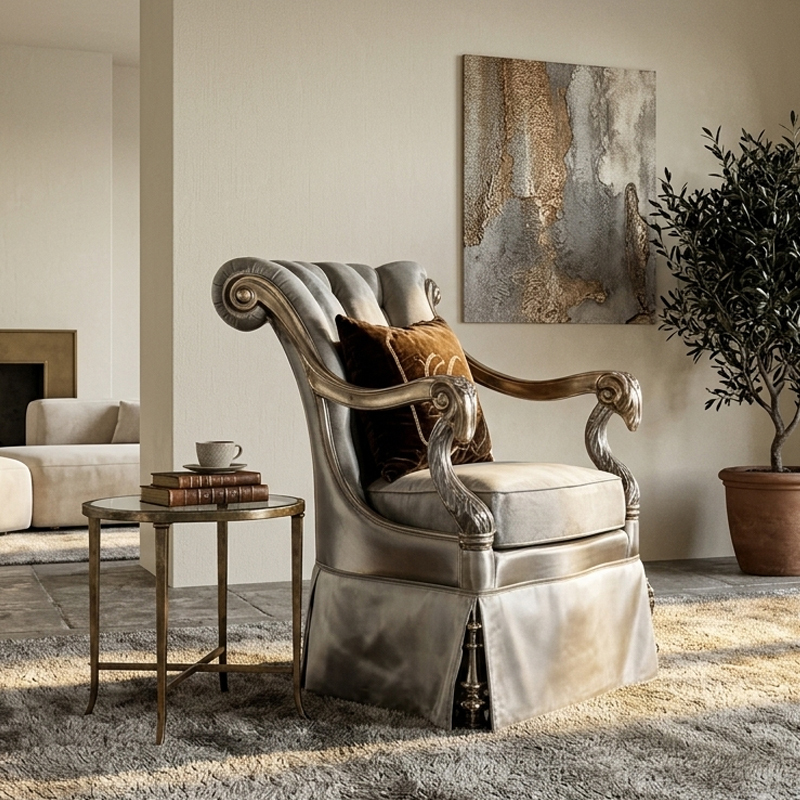 Sovereign Silver-Leaf Wingback Accent Chair - Luxury French Classical Velvet Armchair | EKAR FURNITURE,EKAR FURNITURE CO.,LTD,Sovereign Silver-Leaf Wingback Accent Chair - Luxury French Classical Velvet Armchair | EKAR FURNITURE,foshan furniture factory,custom Furniture factory,china furniture factory