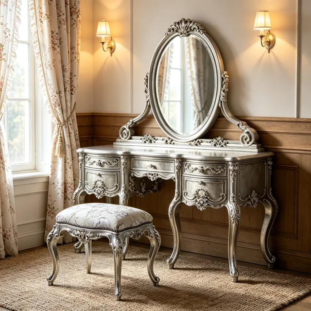 EKAR Classic French Rococo Vanity Stool with Floral Brocade Seat,MY SHOP,EKAR Classic French Rococo Vanity Stool with Floral Brocade Seat,foshan furniture factory,custom Furniture factory,china furniture factory