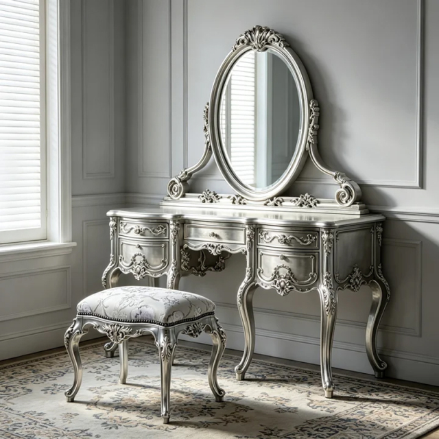 EKAR Classic French Rococo Vanity Dressing Table with Oval Mirror,MY SHOP,EKAR Classic French Rococo Vanity Dressing Table with Oval Mirror,foshan furniture factory,custom Furniture factory,china furniture factory
