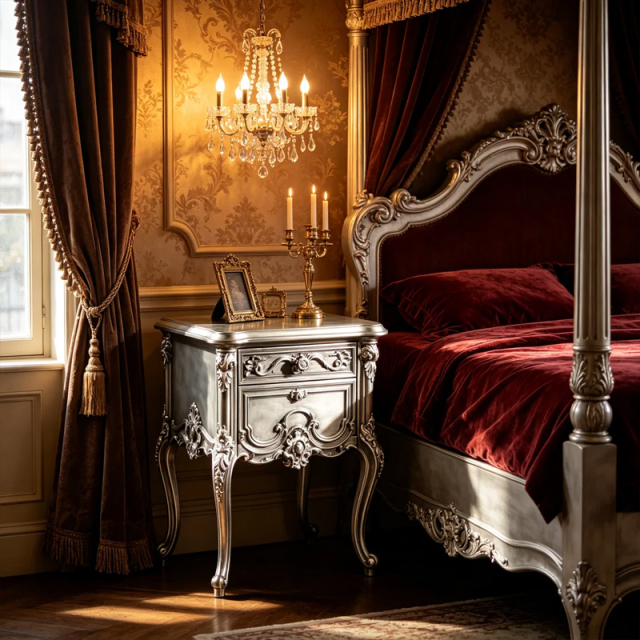 EKAR Classic French Rococo Bedside Table with Silver Gilded Finish,EKAR FURNITURE CO.,LTD,EKAR Classic French Rococo Bedside Table with Silver Gilded Finish,foshan furniture factory,custom Furniture factory,china furniture factory