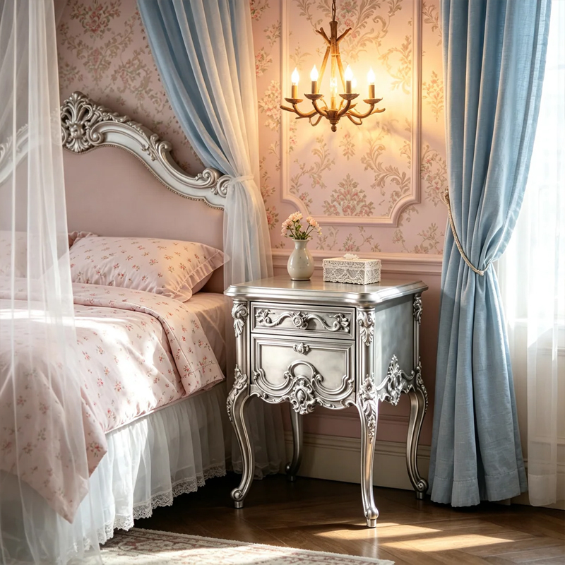 EKAR Classic French Rococo Bedside Table with Silver Gilded Finish,EKAR FURNITURE CO.,LTD,EKAR Classic French Rococo Bedside Table with Silver Gilded Finish,foshan furniture factory,custom Furniture factory,china furniture factory