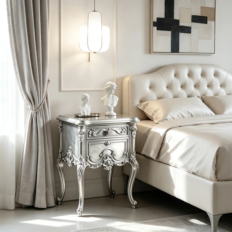 EKAR Classic French Rococo Bedside Table with Silver Gilded Finish,EKAR FURNITURE CO.,LTD,EKAR Classic French Rococo Bedside Table with Silver Gilded Finish,foshan furniture factory,custom Furniture factory,china furniture factory