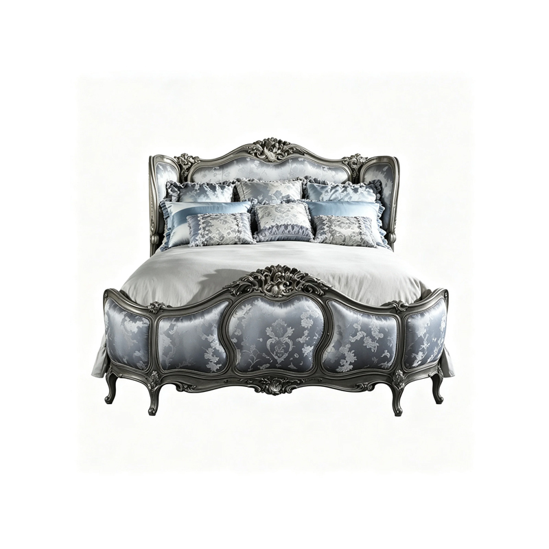 EKAR Classic French Gilded Bed with Silver Damask Upholstery,EKAR FURNITURE CO.,LTD,EKAR Classic French Gilded Bed with Silver Damask Upholstery,foshan furniture factory,custom Furniture factory,china furniture factory