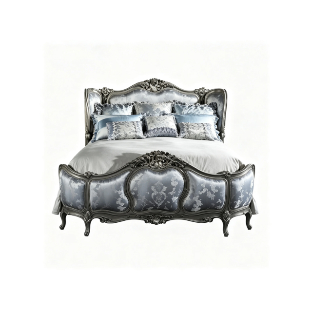 EKAR Classic French Gilded Bed with Silver Damask Upholstery,EKAR FURNITURE CO.,LTD,EKAR Classic French Gilded Bed with Silver Damask Upholstery,foshan furniture factory,custom Furniture factory,china furniture factory