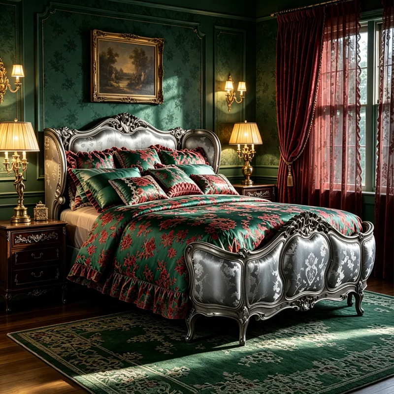 EKAR Classic French Gilded Bed with Silver Damask Upholstery,EKAR FURNITURE CO.,LTD,EKAR Classic French Gilded Bed with Silver Damask Upholstery,foshan furniture factory,custom Furniture factory,china furniture factory