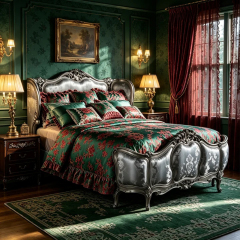 EKAR Classic French Gilded Bed with Silver Damask Upholstery,EKAR FURNITURE CO.,LTD,EKAR Classic French Gilded Bed with Silver Damask Upholstery,foshan furniture factory,custom Furniture factory,china furniture factory