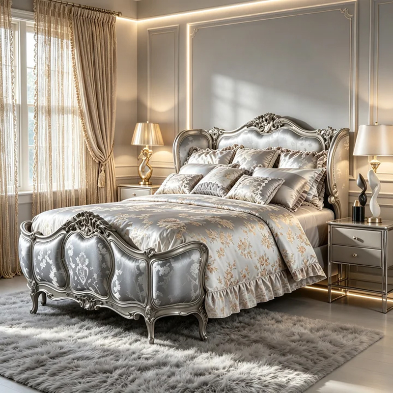 EKAR Classic French Gilded Bed with Silver Damask Upholstery,EKAR FURNITURE CO.,LTD,EKAR Classic French Gilded Bed with Silver Damask Upholstery,foshan furniture factory,custom Furniture factory,china furniture factory