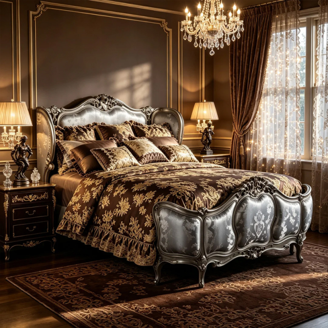 EKAR Classic French Gilded Bed with Silver Damask Upholstery,EKAR FURNITURE CO.,LTD,EKAR Classic French Gilded Bed with Silver Damask Upholstery,foshan furniture factory,custom Furniture factory,china furniture factory